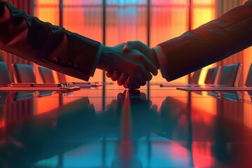 Two business professionals shaking hands in a stylish conference room with a vibrant background, symbolizing partnership and agreement.