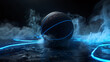© mahamad - Black basketball with bright blue glowing neon lines against a black background with smoke. 3D render.