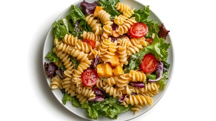 Fresh pasta salad with cherry tomatoes and mixed greens garnished with cheddar