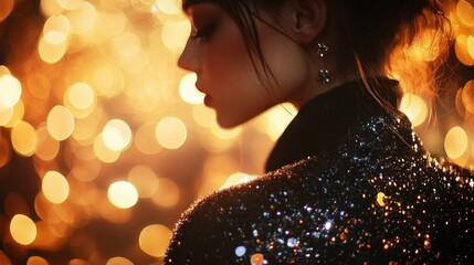 A Woman in a Sequined Dress With Bokeh Lights