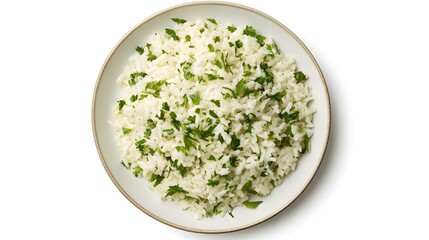 Herbed rice garnished with fresh parsley on white plate