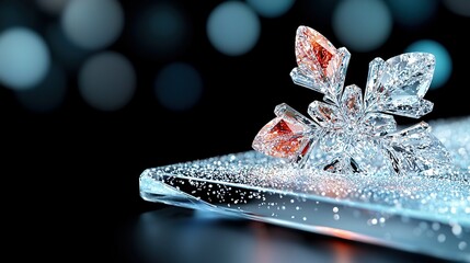 Wall Mural -   A snowflake's detail atop a black background, with a hazy backdrop