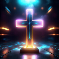 Wall Mural - Cross neon light, on a dark background