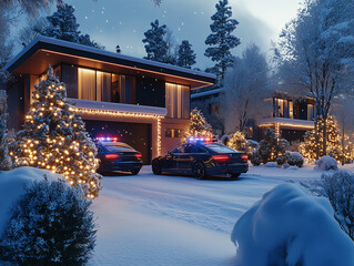 Two police cars are parked outside beautiful homes adorned with bright holiday lights, surrounded by a blanket of fresh snow on a serene winter night