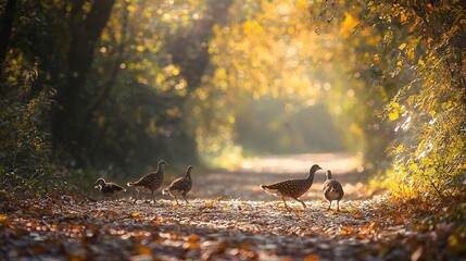 Canvas Print -   Ducks stroll through woods, path surrounded by leaves and towering trees