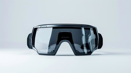 Black motorcycle goggles with clear lenses on white background.