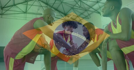 Wall Mural - animation of flag of brazil over diverse basketball players on court