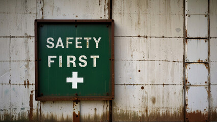 Wall Mural - message sign safety first industry factory tone old rust green white