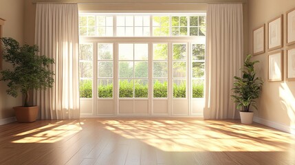 Wall Mural - Sunlight streaming through large windows in a minimalist living room