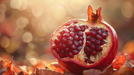   A pomegranate sits on leaves, atop a pile of brown leaves