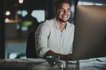 Canvas Print - Night, computer and smile with man in office for network, communication or administration. Auditor, processing clerk and booking report with person in finance agency for system record and feedback