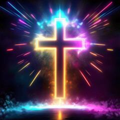 Wall Mural - Cross neon light, on a dark background