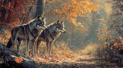 Wall Mural -   Two wolves stand on a forest path amidst tall trees and rustling leaves in the foreground of a captivating painting