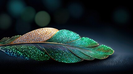   A brooch with a green and gold feather sits on black paper, topped by a blue and green feather