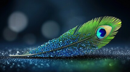 Poster -   Blue-green bird feather on black surface with blurred background