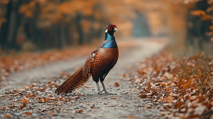 Poster -   A pheasant perched on the edge of a woodland path amidst a sea of golden autumn foliage