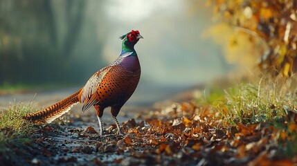 Poster -   A pheasant perched on the side of a road amidst a lush foliage landscape with trees in the background