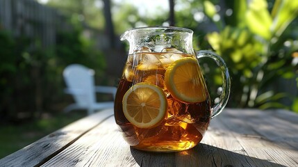 Poster -   A pitcher of tea with lemon slices on a wooden table beside a white chair and a potted plant