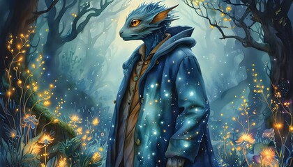 Wall Mural - Elflike being in moonlight-woven coat amidst enchanted forest illuminated by glowing plants, watercolor vision of magic and wonder