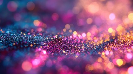 Wall Mural - Close-up of iridescent glitter with blurred colorful bokeh lights