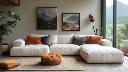 A contemporary living room with a white sectional sofa, orange pillows, a jute rug, and two framed mountain landscape prints.