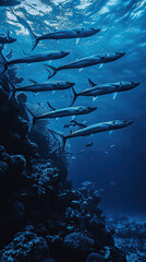 Wall Mural - Diving into deep blue ocean, school of barracuda swims gracefully