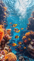 Wall Mural - Vibrant coral reef with tropical fish swimming gracefully in clear water