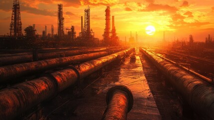 Poster - Industrial Sunset with Pipes and Towers