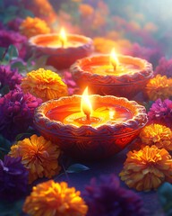 Wall Mural - Diwali oil lamps on floral background