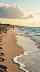 Wall Mural - A serene beach scene with person walking along shore, enjoying calm waves and sunset