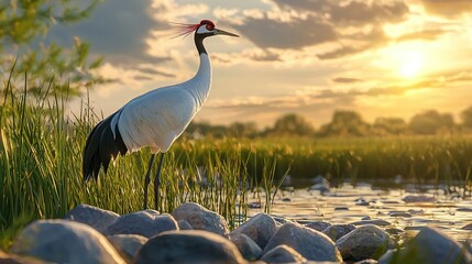 Wall Mural -   Bird on grassy field by water under sunset