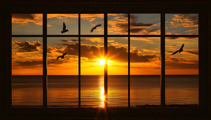 Wall Mural - Golden sunset through a window overlooking the ocean, with birds flying in silhouette.