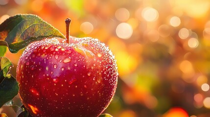 Sticker -   A red apple sits on a tree branch, surrounded by water droplets