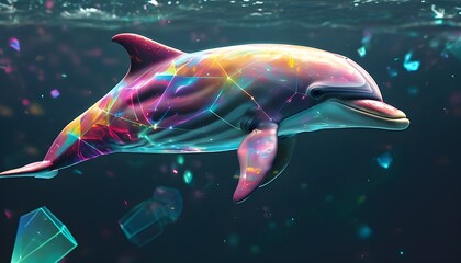 Futuristic dolphin leaping through a vibrant ocean of holographic geometric shapes in a stunning digital art landscape