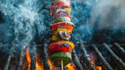   A grilled skewer of food up close, with smoke billowing from the flames