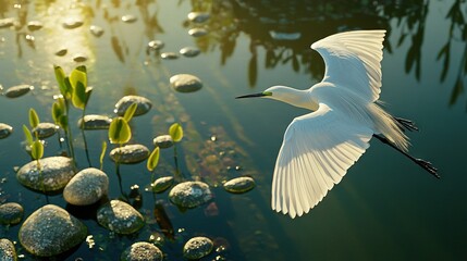   A white bird flies gracefully over a serene water lily pond with scattered pebbles