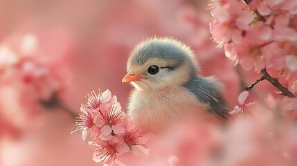 Poster -   A bird sat on a tree's pink-flowered branch against a blurred background