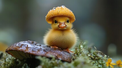 Poster -   A small yellow duckling with a mushroom on its head perches atop a mossy surface amidst a blurry background