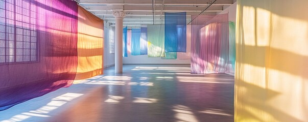 Wall Mural - Sunlight streaming through colorful curtains in art gallery