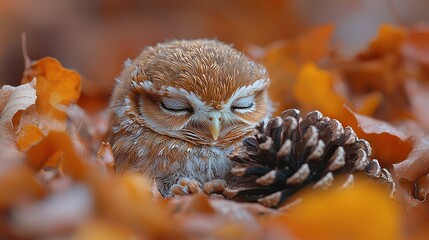 Canvas Print -   A small owl perched atop a mound of leaves, adjacent to a pinecone resting atop another pile of leaves