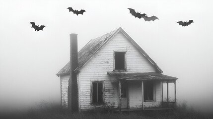 Wall Mural - Spooky Abandoned House in Fog with Bats for Halloween Decoration