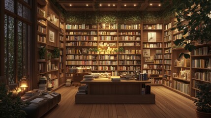 Canvas Print - Cozy Library Interior with Bookshelves, Plants, and a Reading Nook