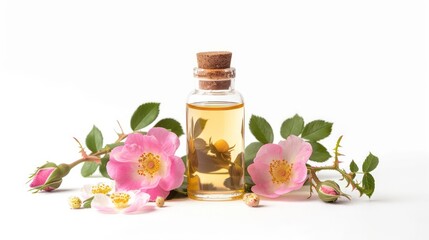 A glass bottle with a cork stopper filled with a light yellow liquid and surrounded by pink rose flowers.