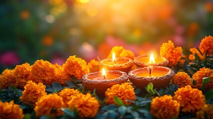 Wall Mural - Diwali oil lamps with marigolds