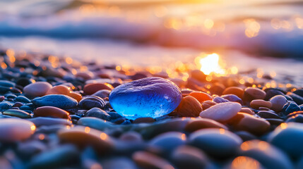 Wall Mural - A single blue sea glass stone on a beach with pebbles, sea and sunset in the background.