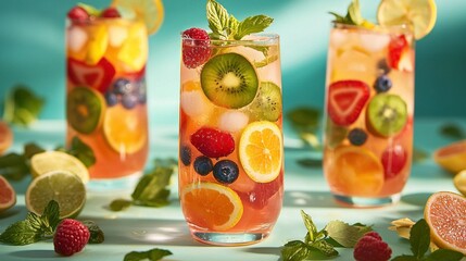 Canvas Print -   A group of glasses filled with fruit and veggies sits next to a pile of sliced lemons and raspberries