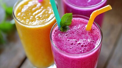 Sticker -   Three smoothies in glasses on wooden table