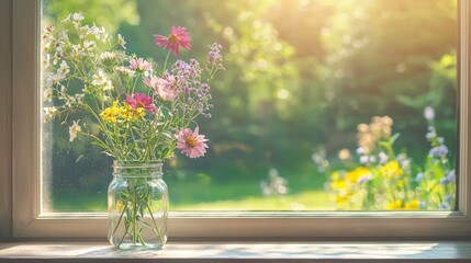 Wall Mural -   A vase filled with many flowers resting atop a window sill beside one