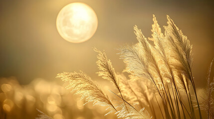 Wall Mural - Golden grass swaying in the warm glow of the setting sun, creating a breathtaking scene of nature's beauty.