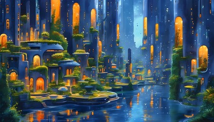 Wall Mural - Luminous Flora and Gravity-Defying Architecture in a Futuristic Enchanted Town Under an Ethereal Night Sky in Watercolor Style